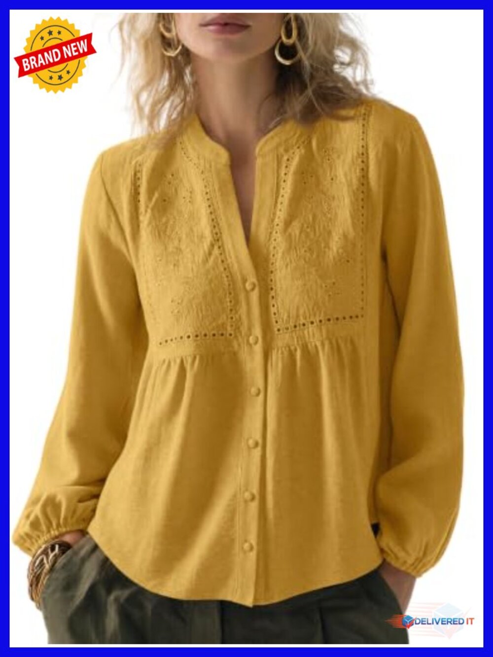 Flowy Boho Long Sleeve Blouse Button Down V-Neck Embroidery Polyester Dressy Top